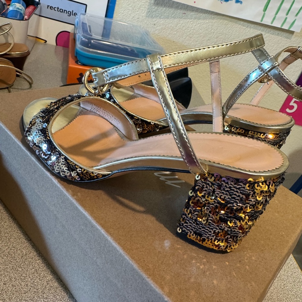 Gold and Sequin Block Heel Sandals
